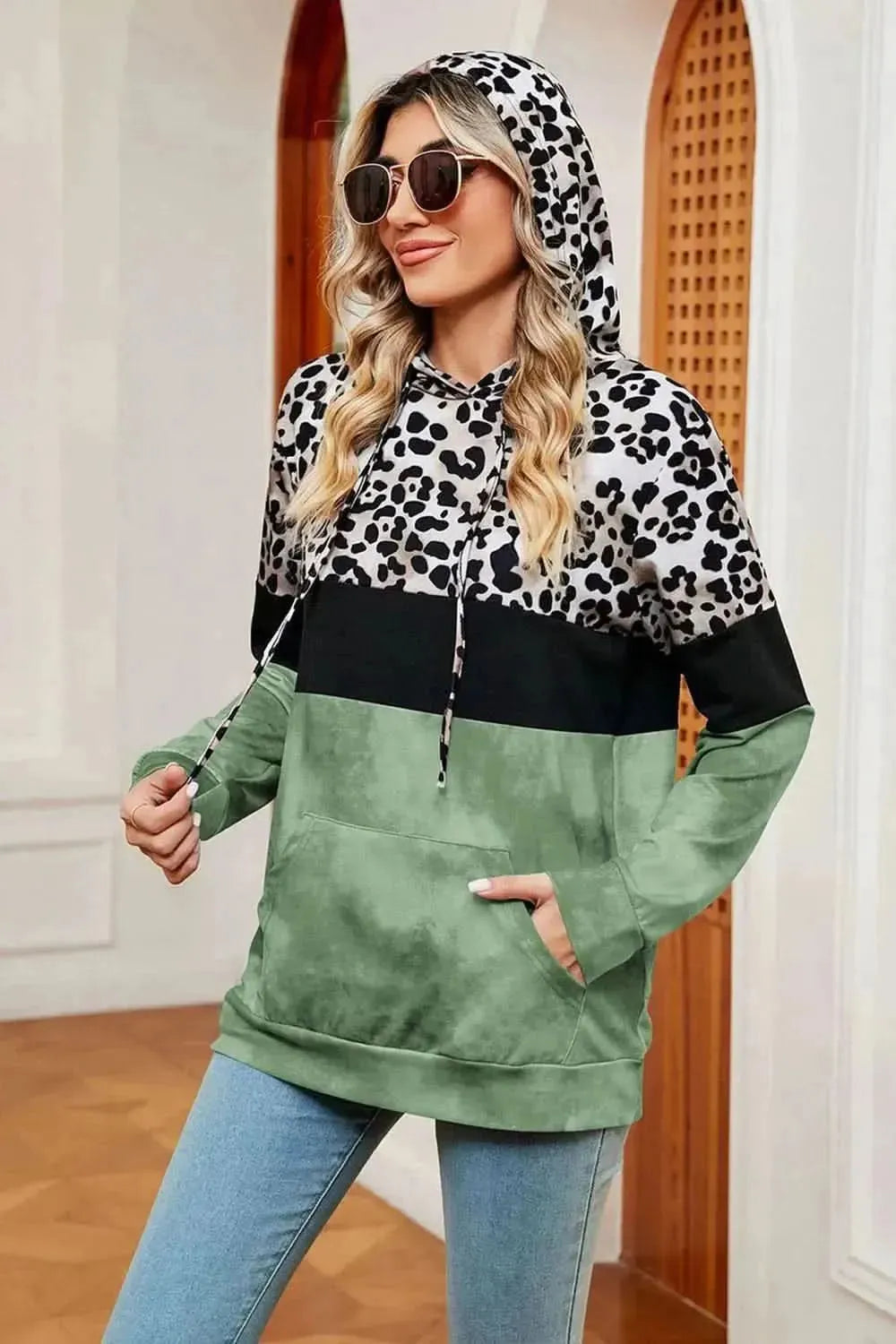Leopard Drawstring Hoodie with Pocket - Bad Moms Club