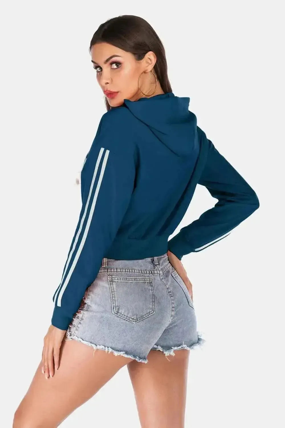 Perfee Side Stripe Drawstring Cropped Hooded Jacket - Bad Moms Club
