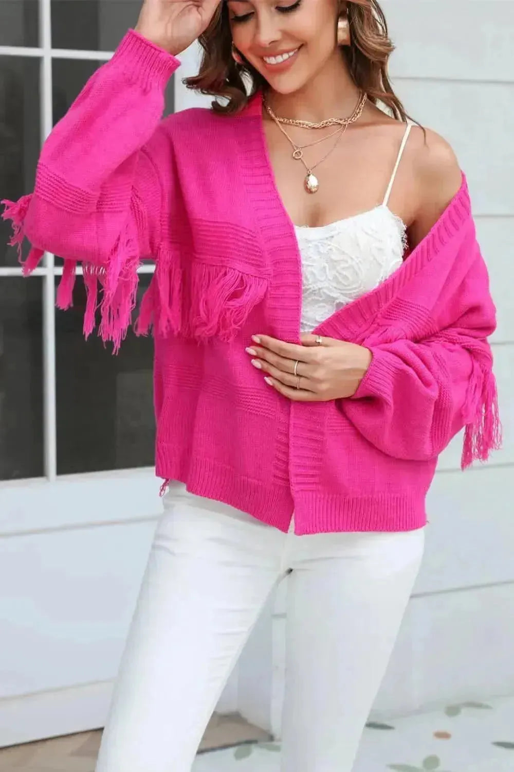Fringe Trim Open Front Cardigan - Bad Moms Club