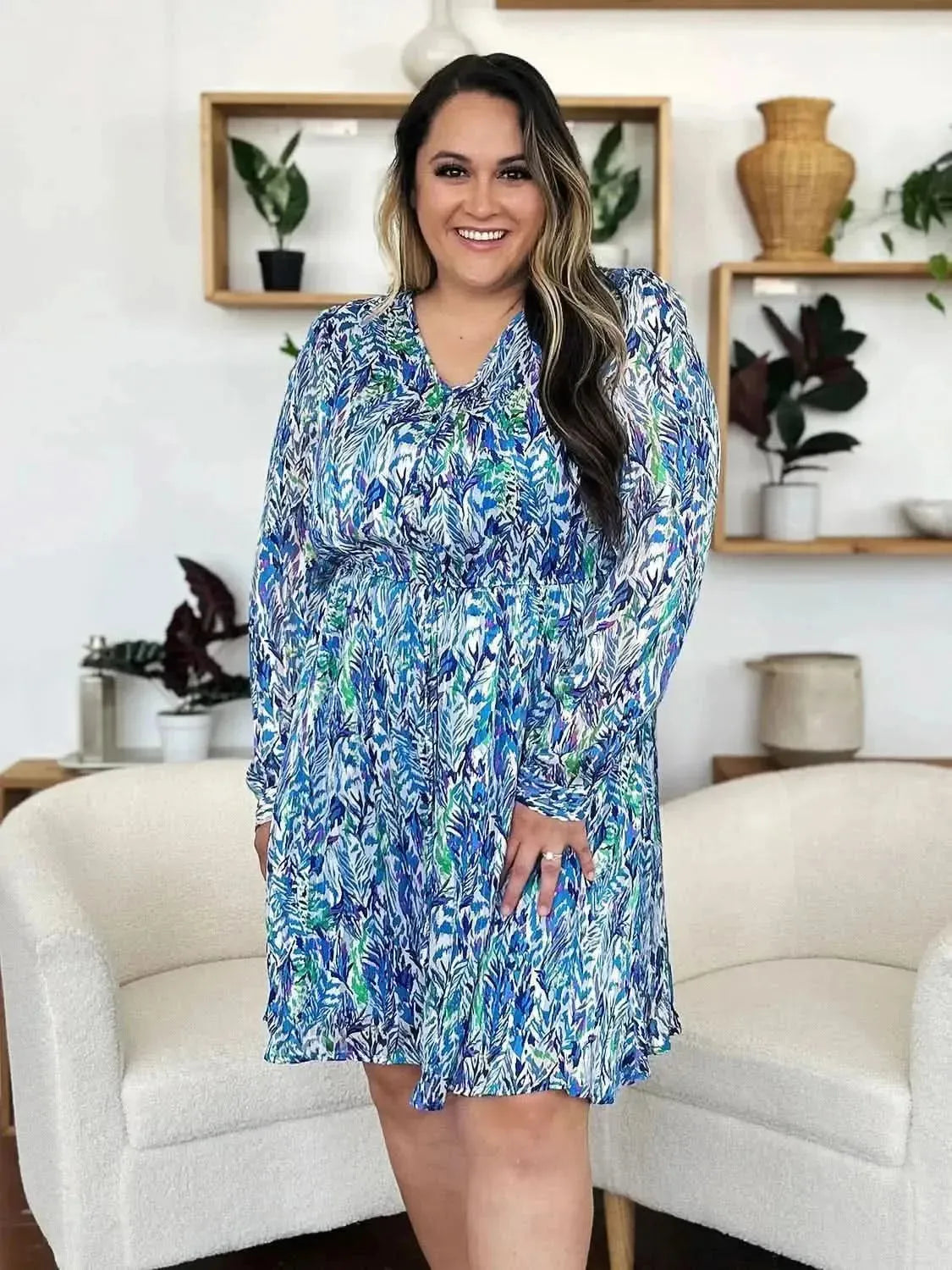 Double Take Full Size Printed Drawstring Waist Long Sleeve Dress - Bad Moms Club