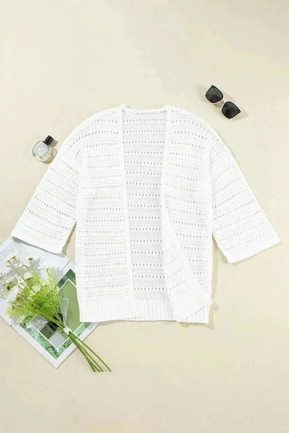Openwork Open Front Long Sleeve Cardigan - Bad Moms Club
