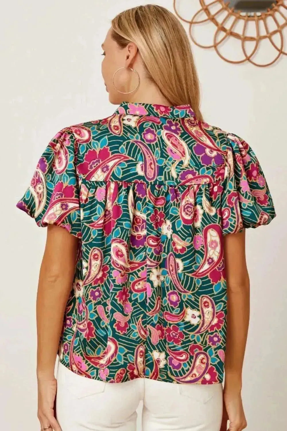 Floral Collared Neck Short Sleeve Blouse - Bad Moms Club