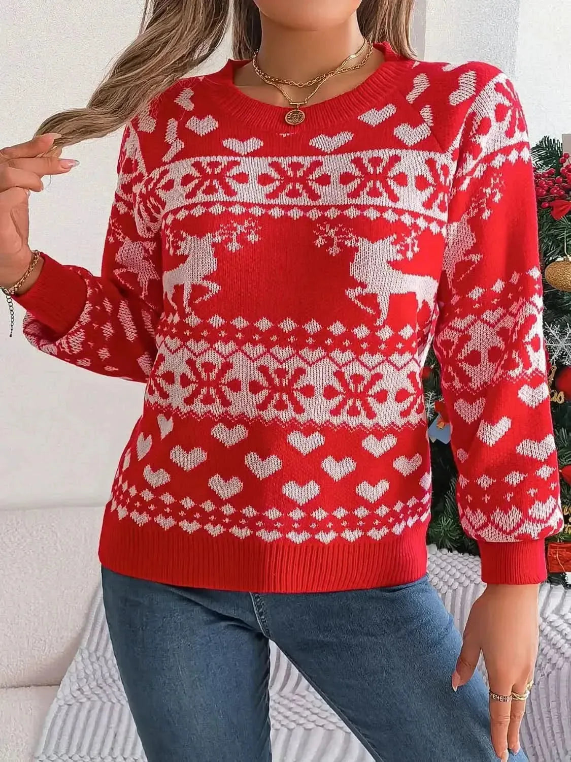 Christmas Element Round Neck Long Sleeve Sweater - Bad Moms Club