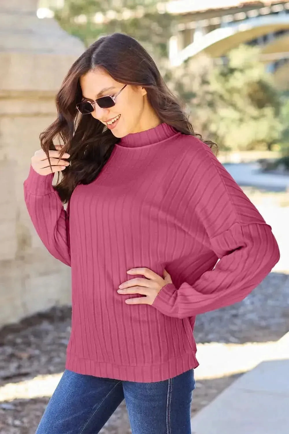 Basic Bae Full Size Ribbed Exposed Seam Mock Neck Knit Top - Bad Moms Club