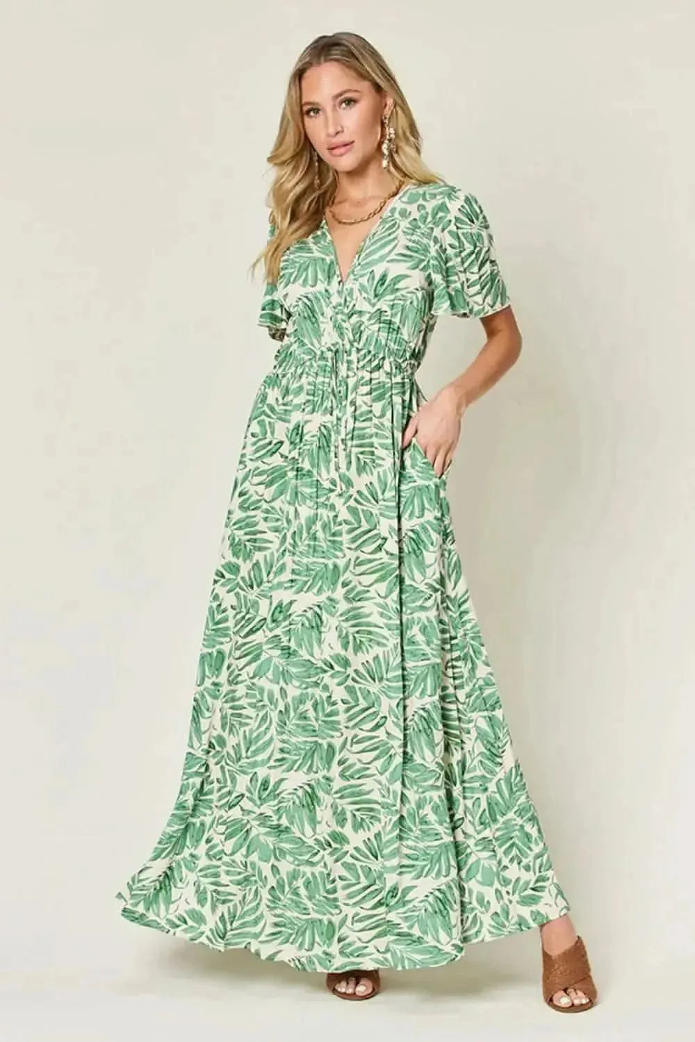 Double Take Full Size Printed Drawstring Short Sleeve Dress - Bad Moms Club