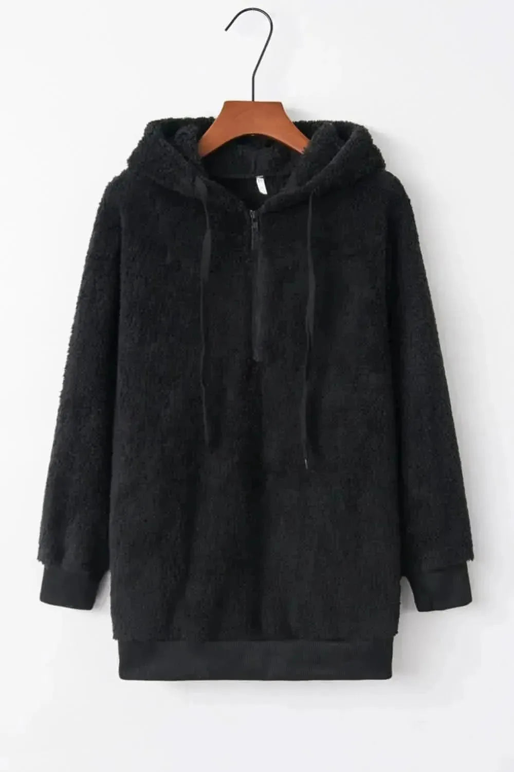 Full Size Quarter-Zip Drawstring Teddy Hoodie - Bad Moms Club
