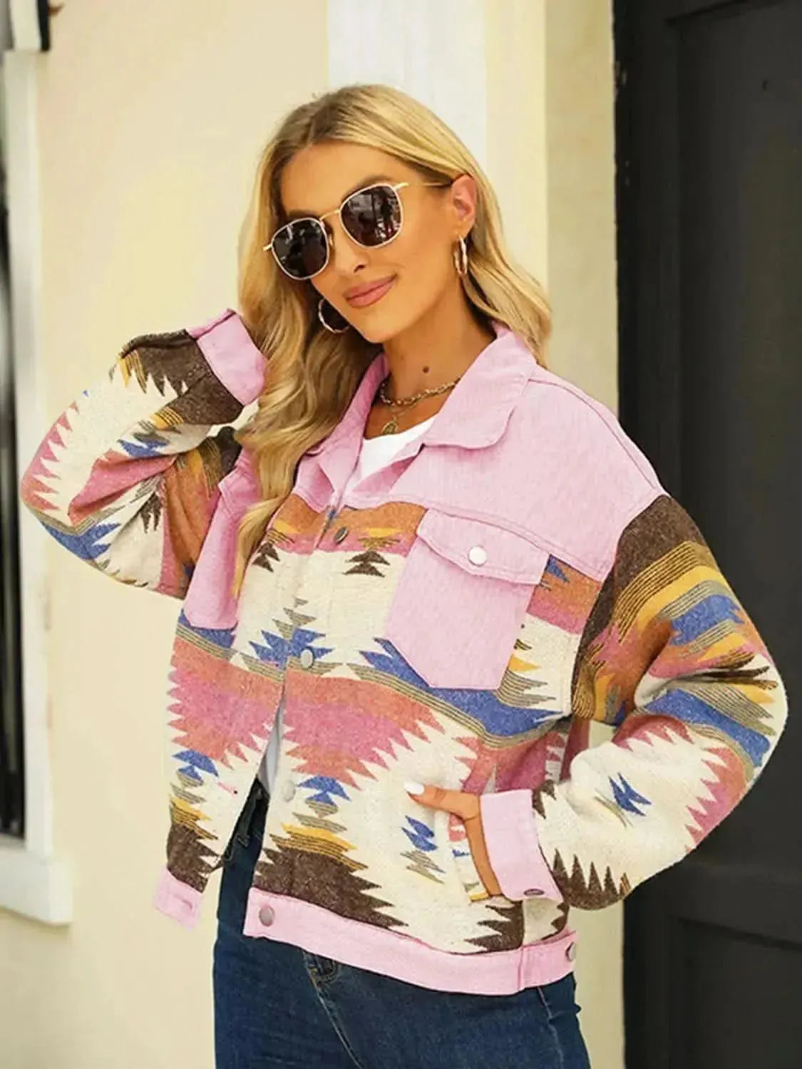 Printed Dropped Shoulder Long Sleeve Denim Jacket - Bad Moms Club