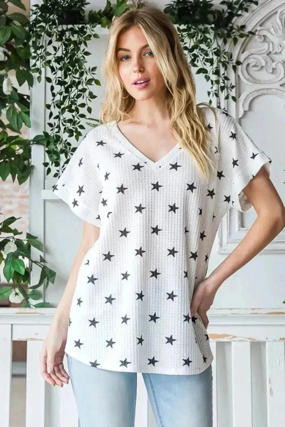Heimish Full Size Star Print Short Sleeve V-Neck Waffle Knit T-Shirt - Bad Moms Club
