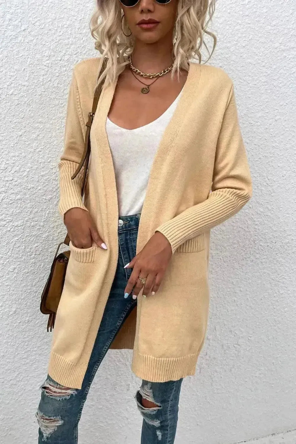 Open Front Long Sleeve Cardigan with Pockets - Bad Moms Club