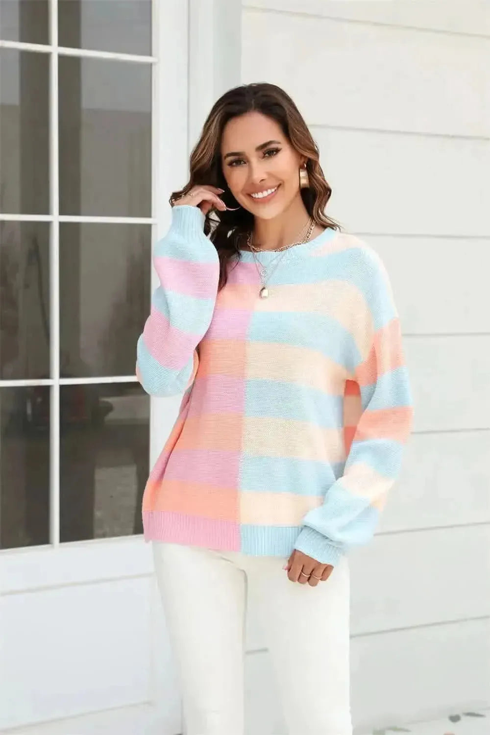 Angel Wings Round Neck Long Sleeve Color Block Dropped Shoulder Pullover Sweater - Bad Moms Club