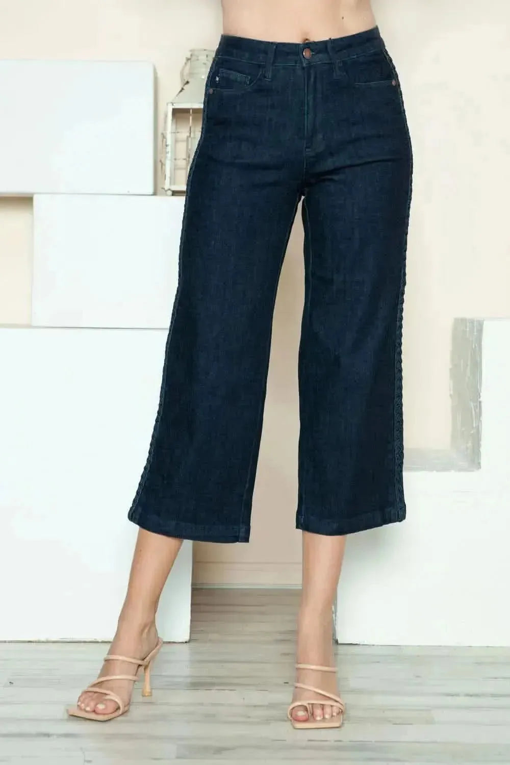Judy Blue Full Size Side Seam Braid Detail Crop Wide Leg Jeans - Bad Moms Club