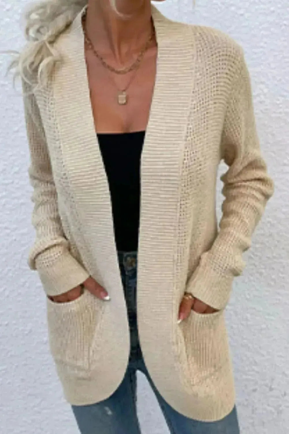 Open Front Rib-Knit Cardigan with Pockets - Bad Moms Club