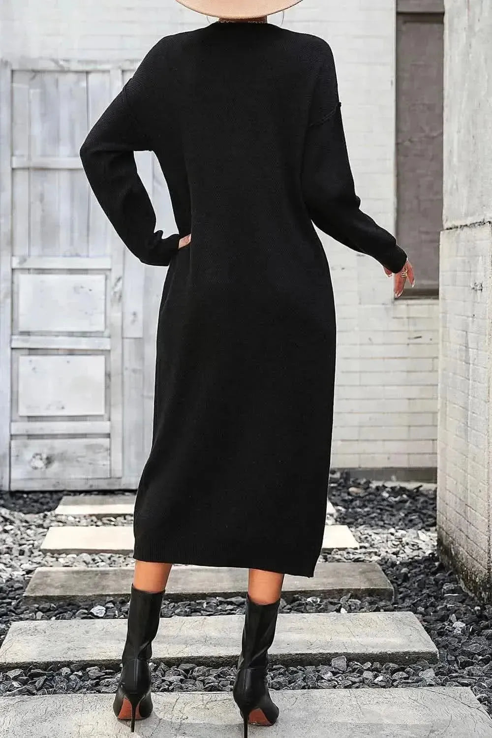 Decorative Button Notched Dropped Shoulder Sweater Dress - Bad Moms Club