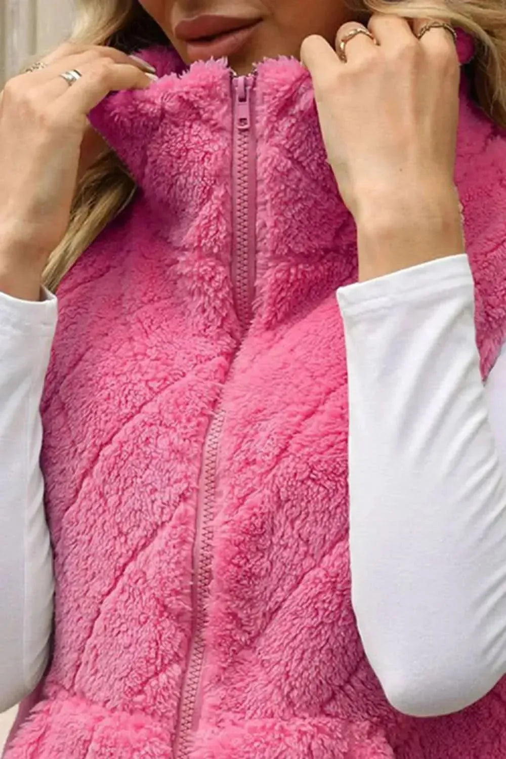 Fuzzy Plaid Texture Zip Up Vest Coat - Bad Moms Club
