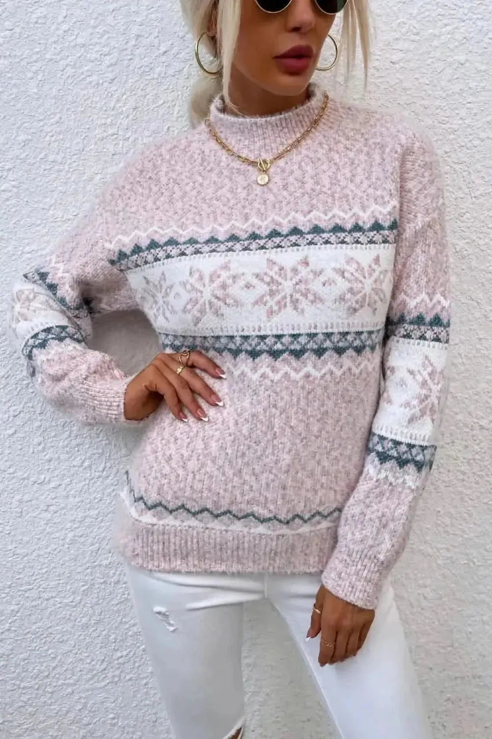 Snowflake Pattern Mock Neck Sweater - Bad Moms Club