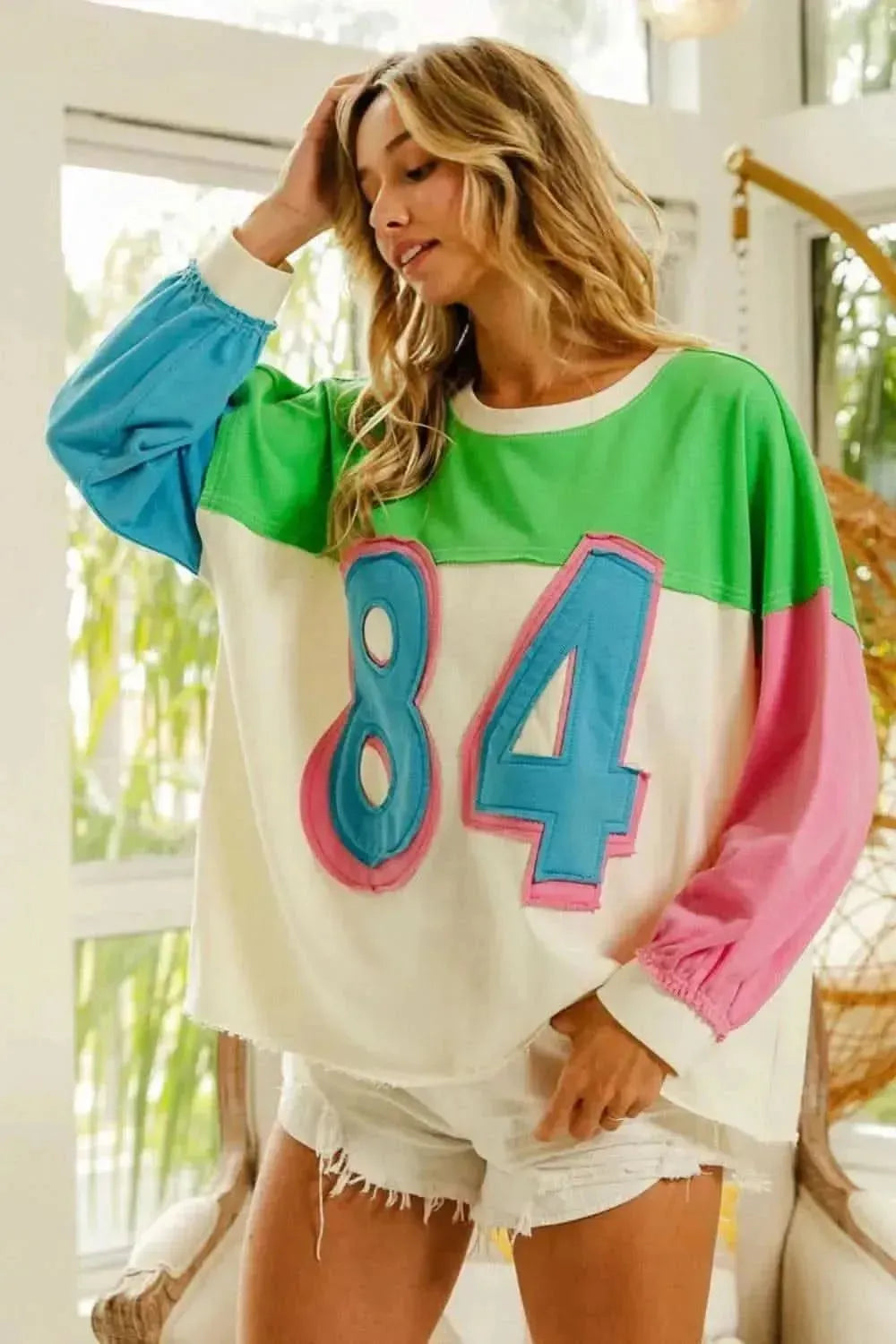 BiBi Color Block Patched Long Sleeve Top - Bad Moms Club