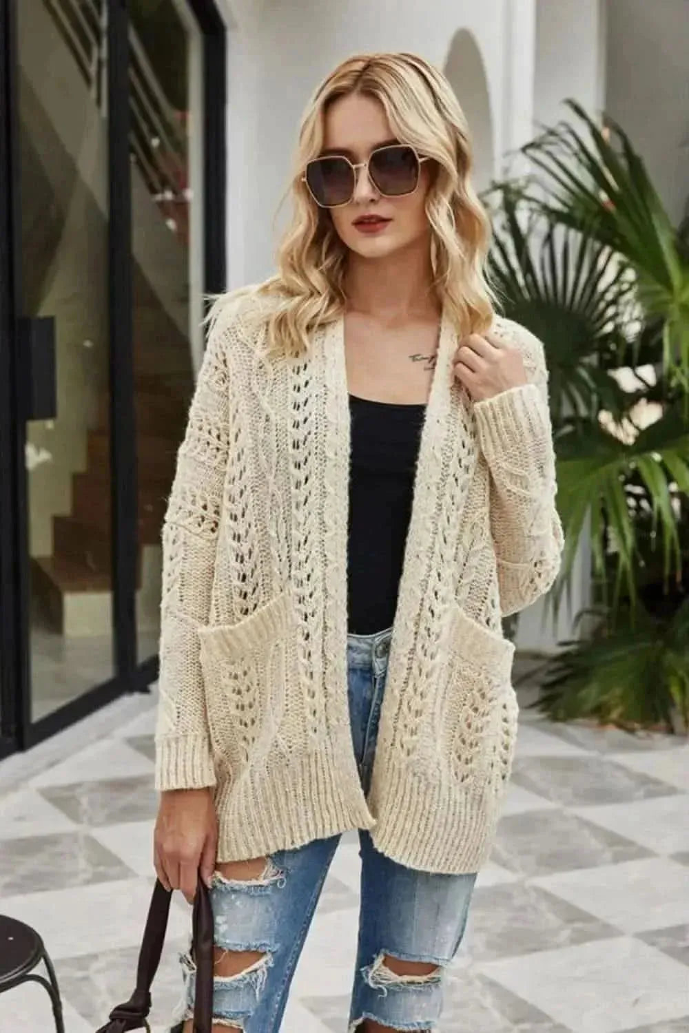 Ribbed Trim Openwork Open Front Cardigan - Bad Moms Club