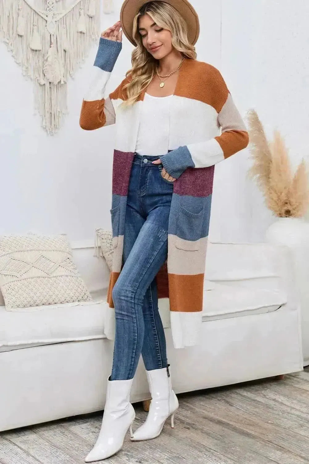 Long Color Block Open Front Pocketed Cardigan - Bad Moms Club