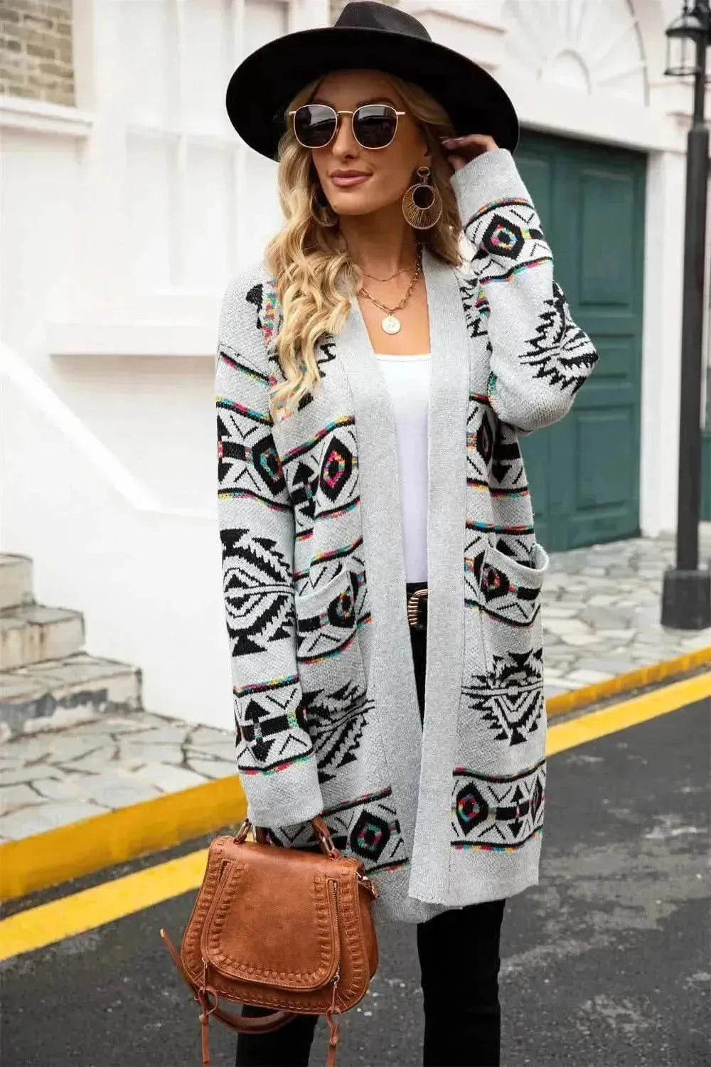 Pocketed Geometric Open Front Dropped Shoulder Cardigan - Bad Moms Club