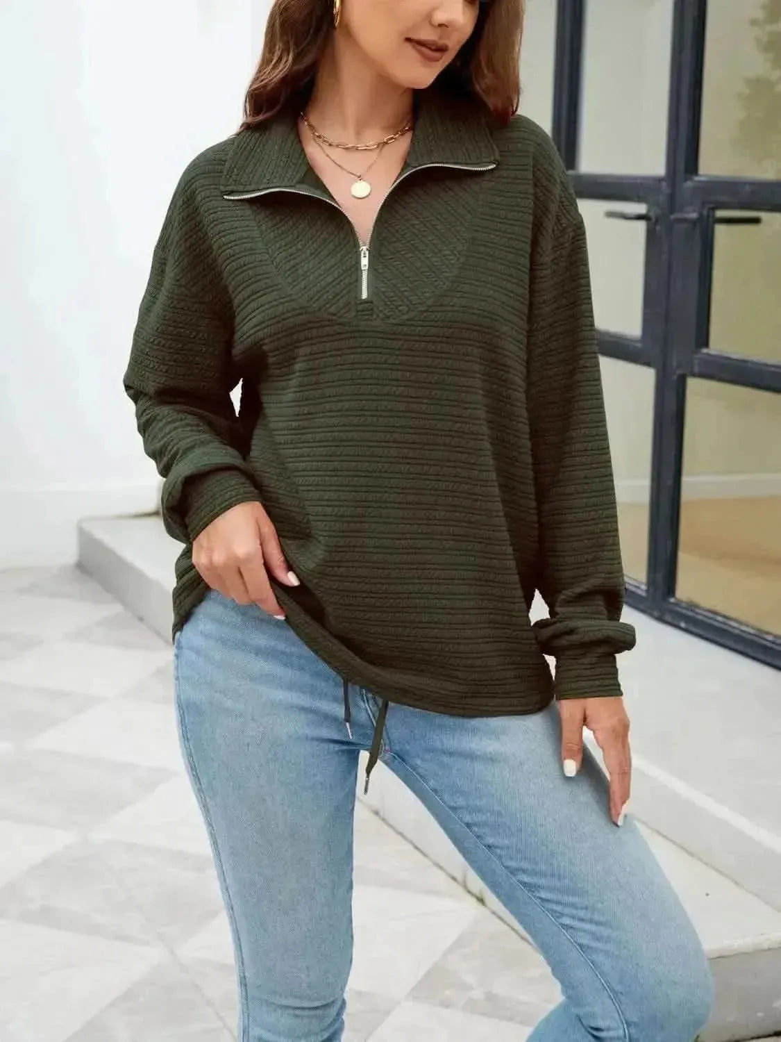 Quarter-Zip Collared Drop Shoulder Sweatshirt - Bad Moms Club