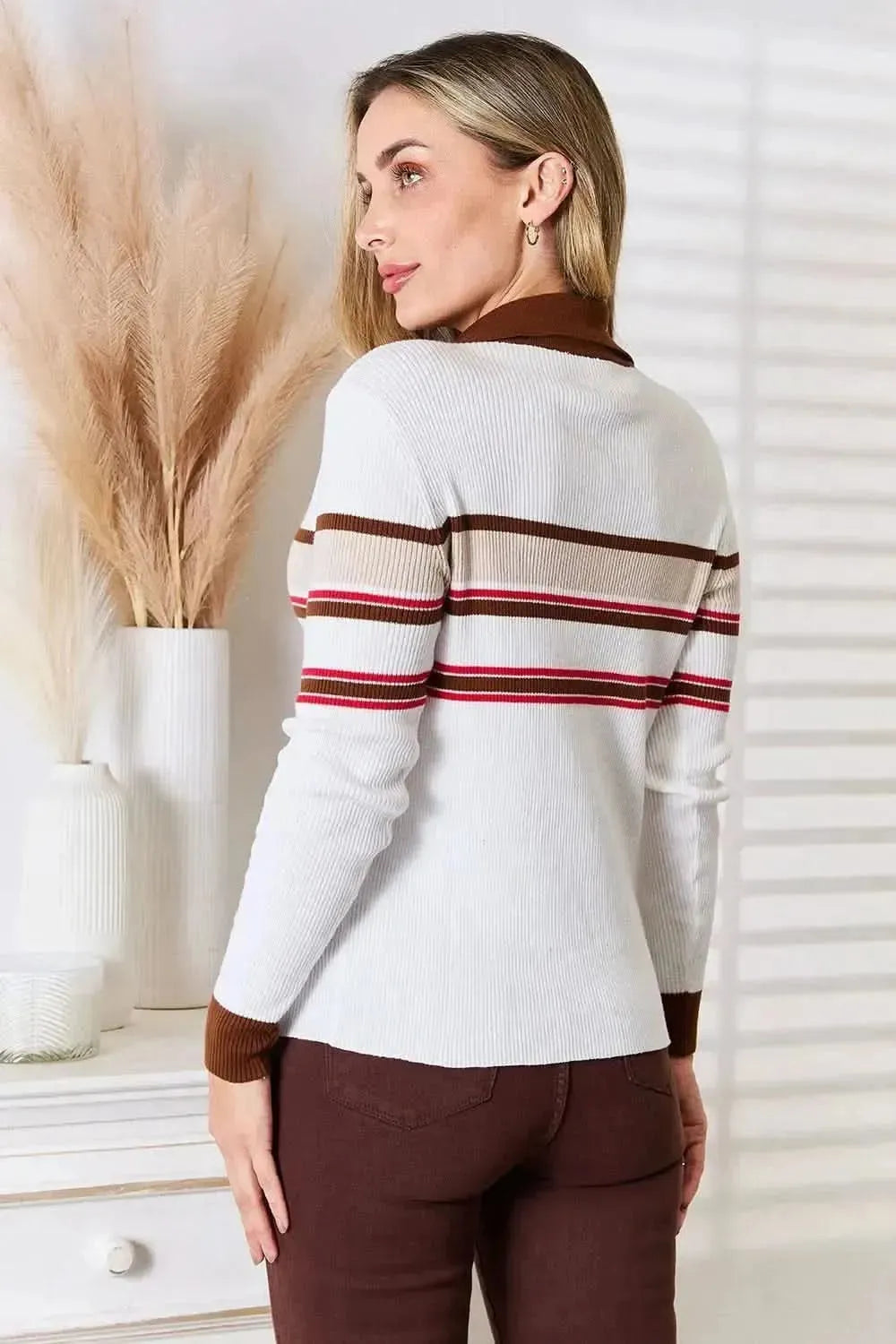 Basic Bae Striped Collared Neck Rib-Knit Top - Bad Moms Club