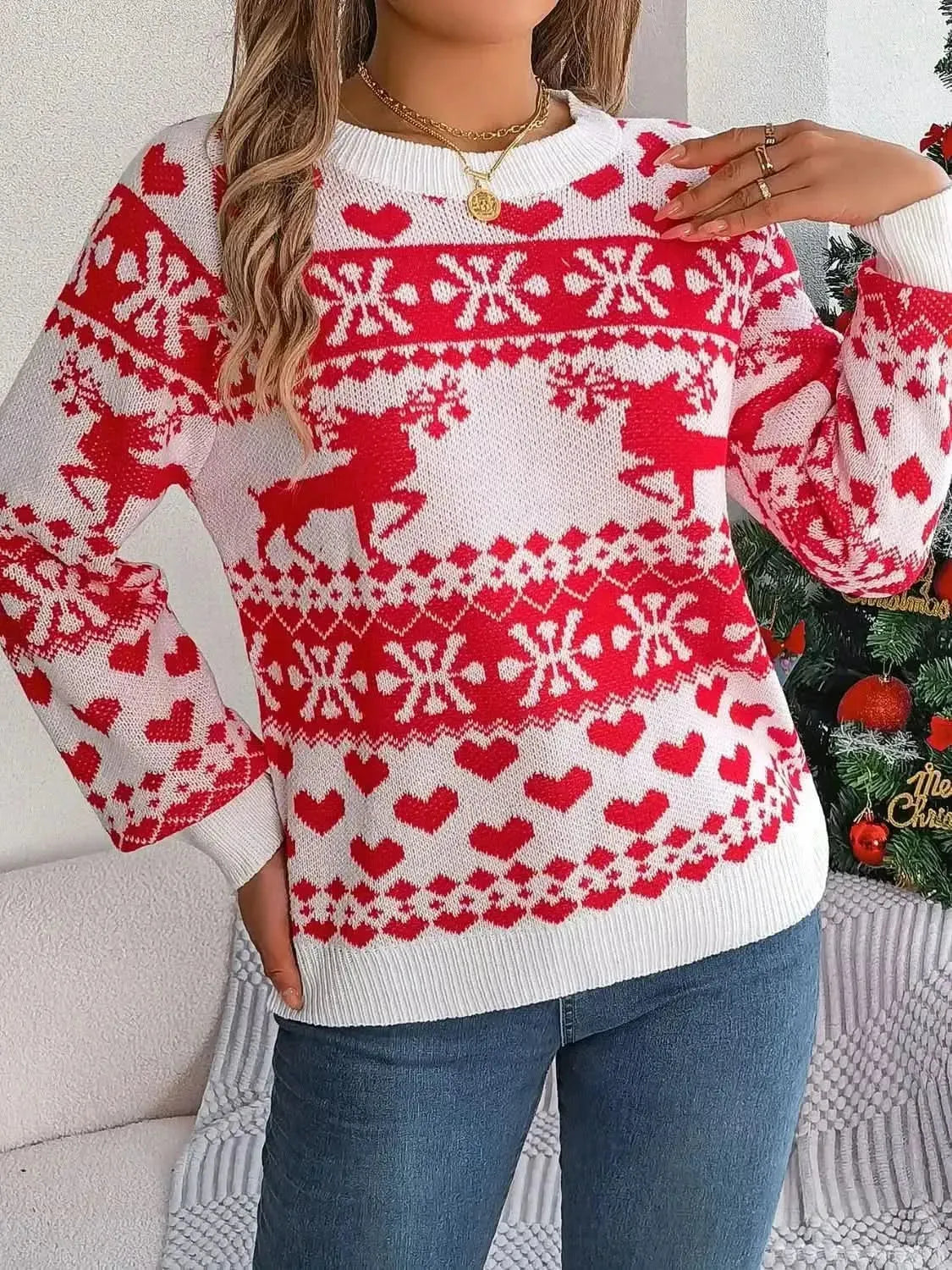 Christmas Element Round Neck Long Sleeve Sweater - Bad Moms Club