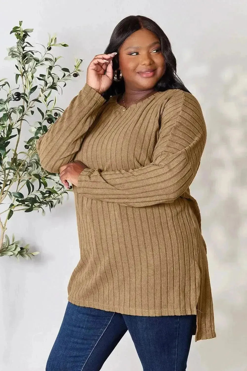 Basic Bae Full Size Ribbed Round Neck Long Sleeve Slit Top - Bad Moms Club