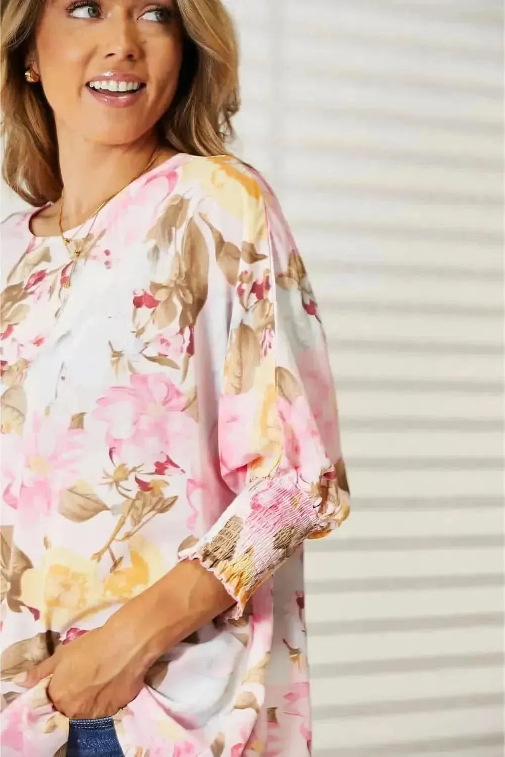 Double Take Floral Round Neck Three-Quarter Sleeve Top - Bad Moms Club