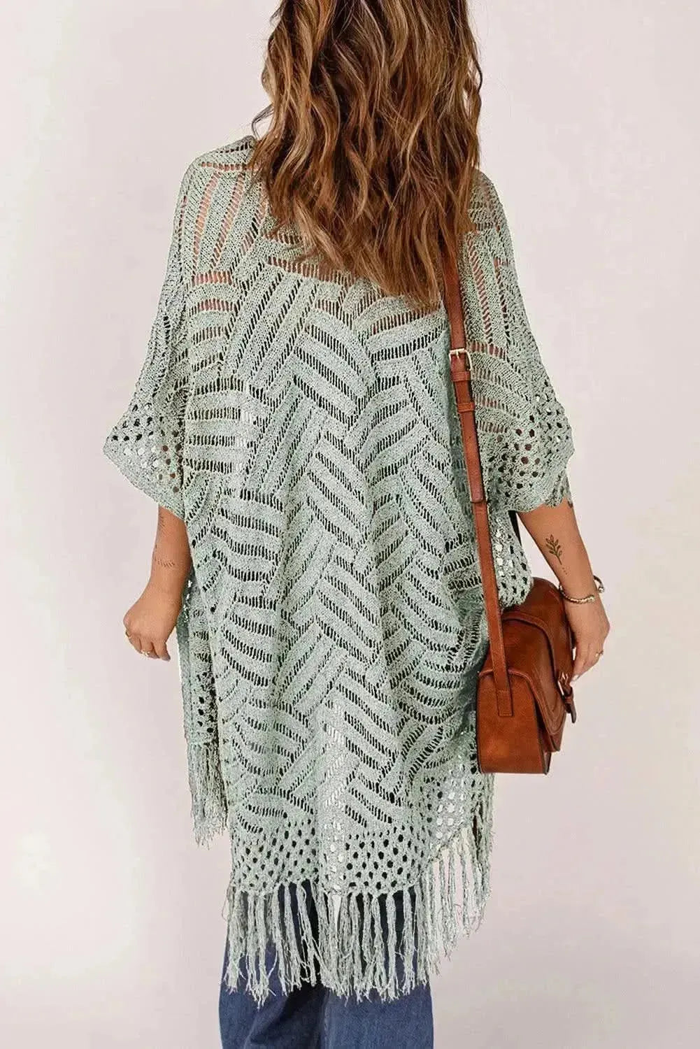 Openwork Open Front Cardigan with Fringes - Bad Moms Club