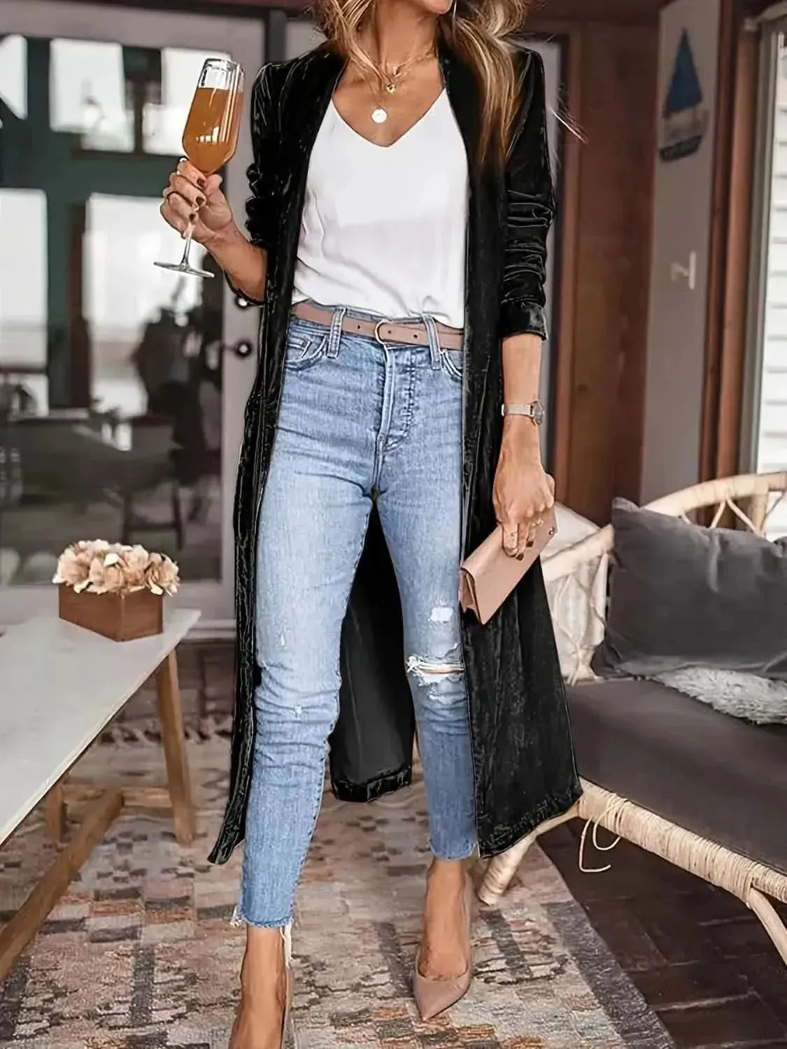 Open Front Long Sleeve Coat - Bad Moms Club