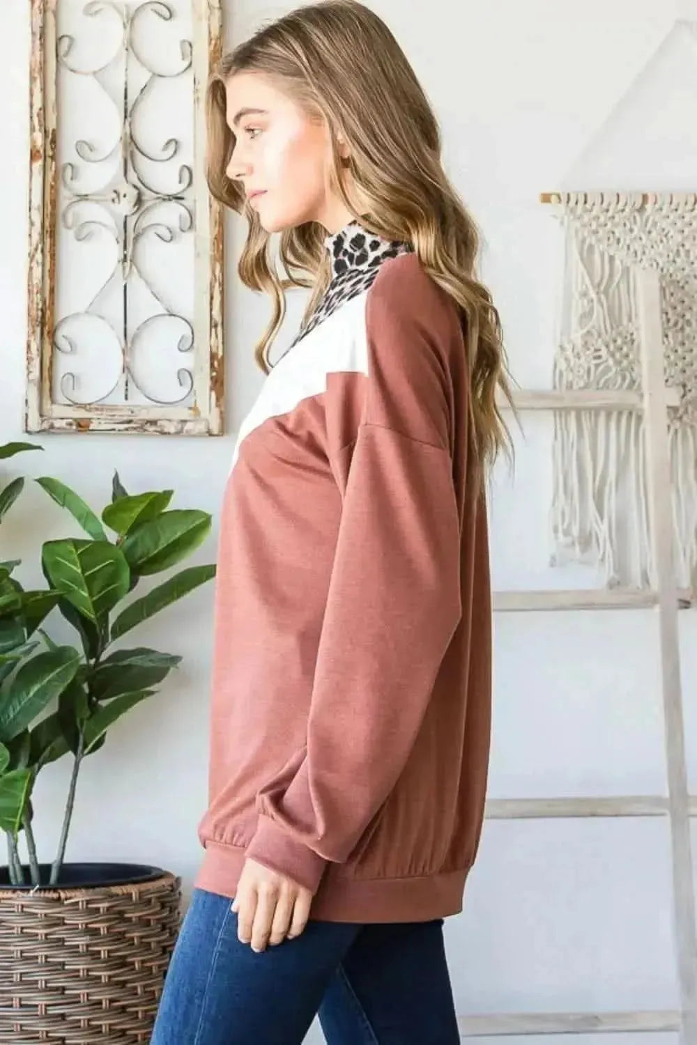 Heimish Full Size Leopard Quarter Zip Mock Neck Sweatshirt - Bad Moms Club