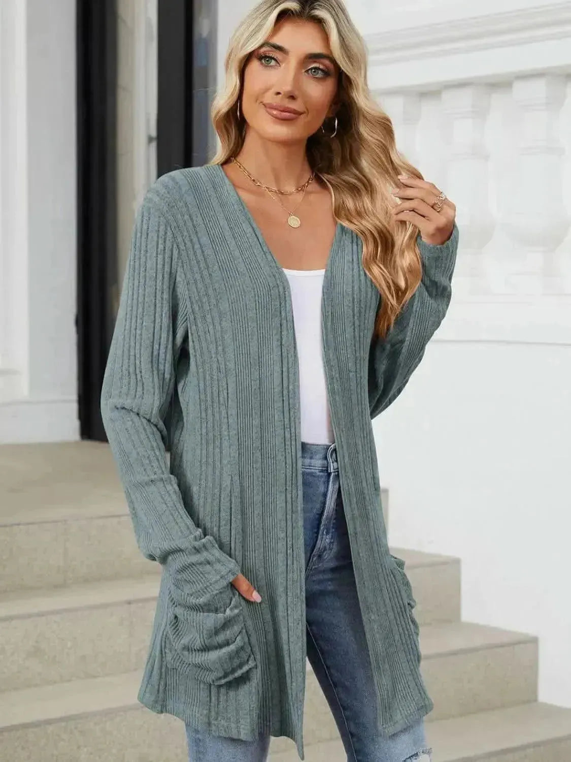 Pocketed Open Front Long Sleeve Cardigan - Bad Moms Club
