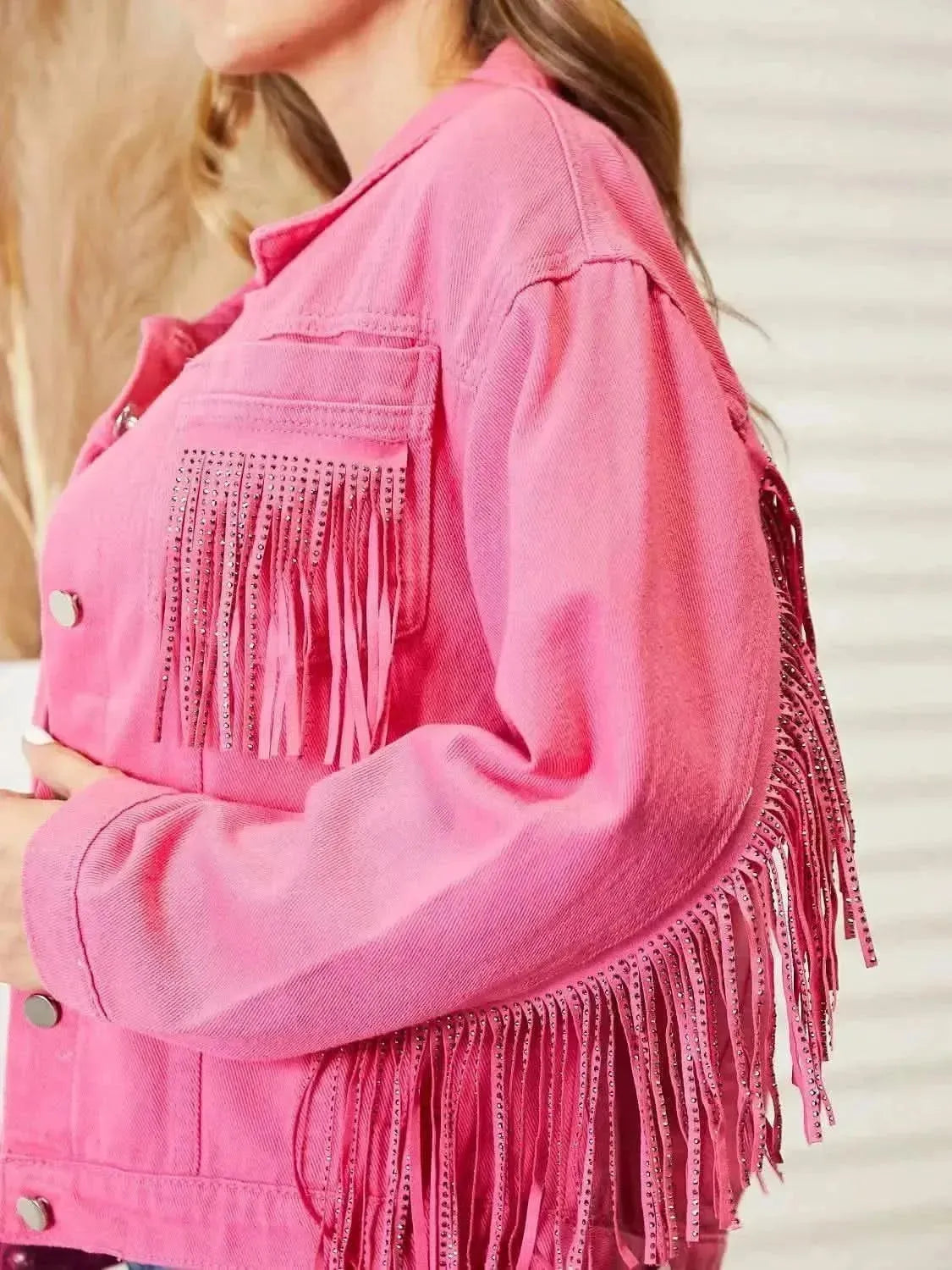 Fringe Detail Dropped Shoulder Denim Jacket - Bad Moms Club