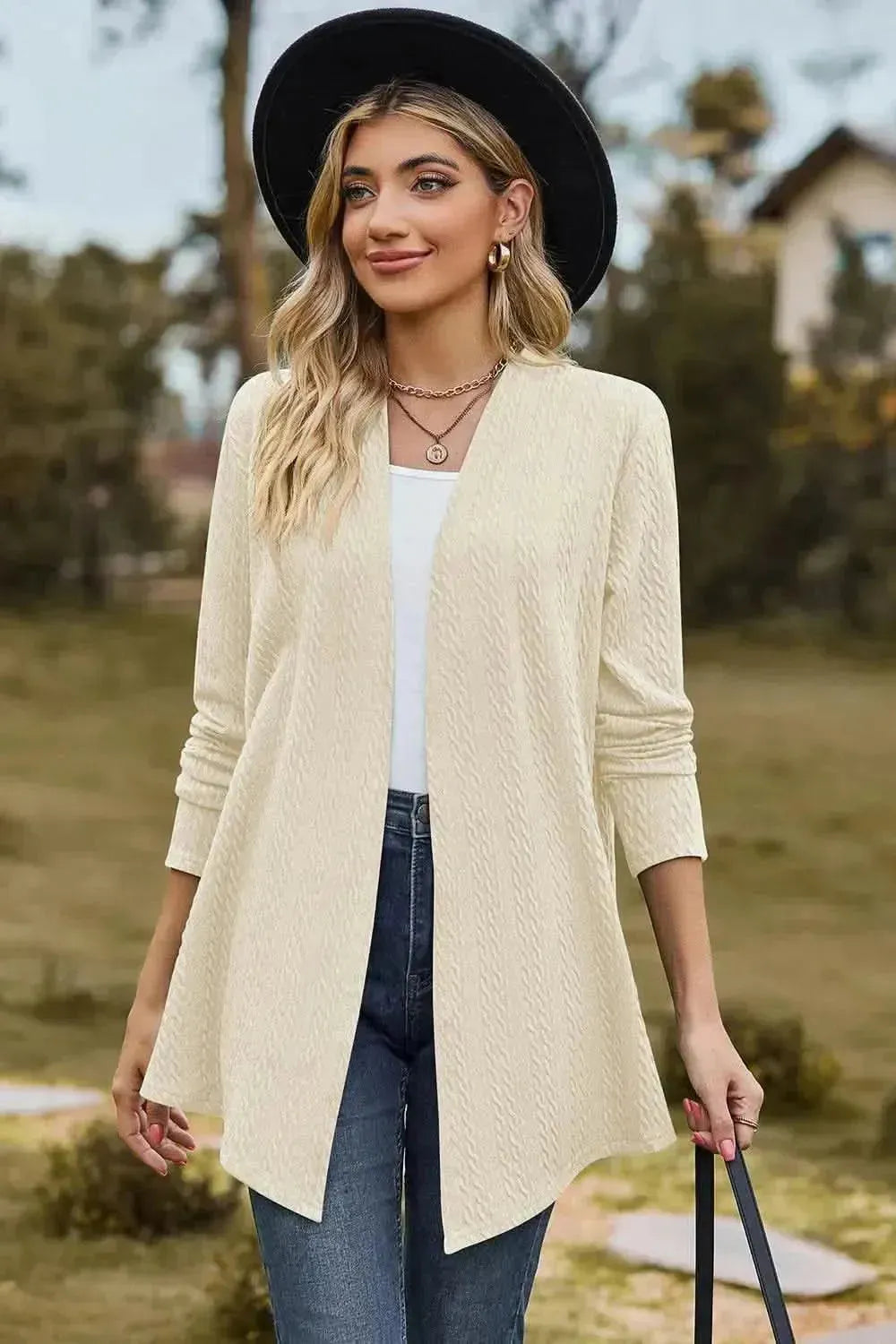 Textured Open Front Long Sleeve Cardigan - Bad Moms Club