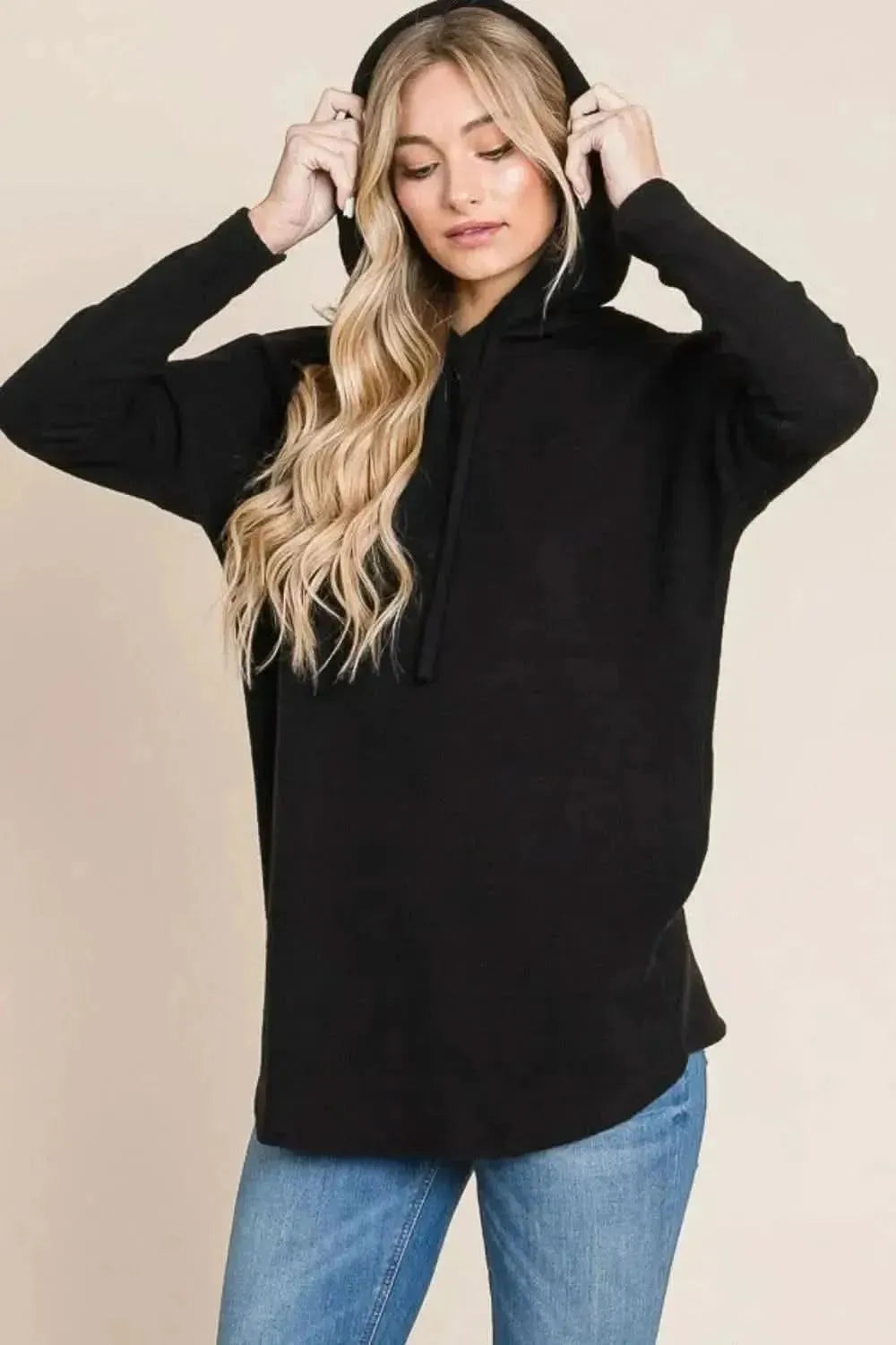 BOMBOM Contrast Drawstring Drop Shoulder Knit Hoodie - Bad Moms Club