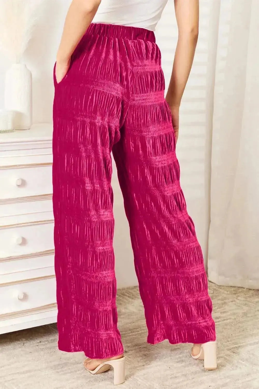 Double Take Full Size High Waist Tiered Shirring Velvet Wide Leg Pants - Bad Moms Club