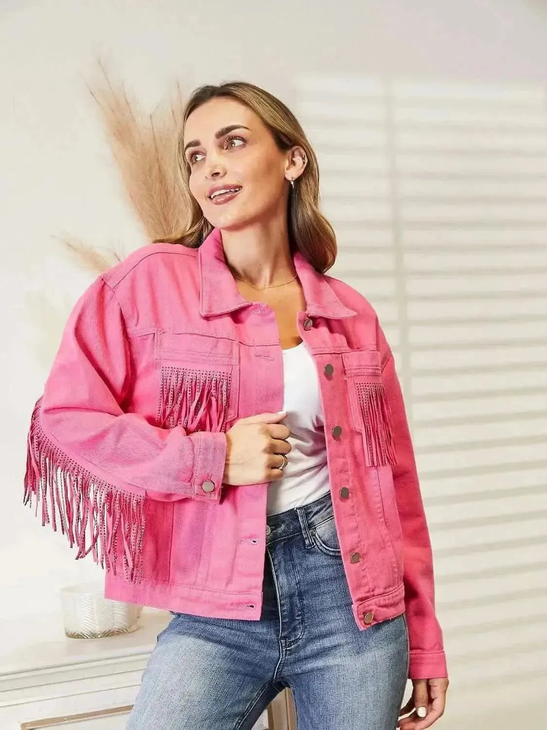 Fringe Detail Dropped Shoulder Denim Jacket - Bad Moms Club