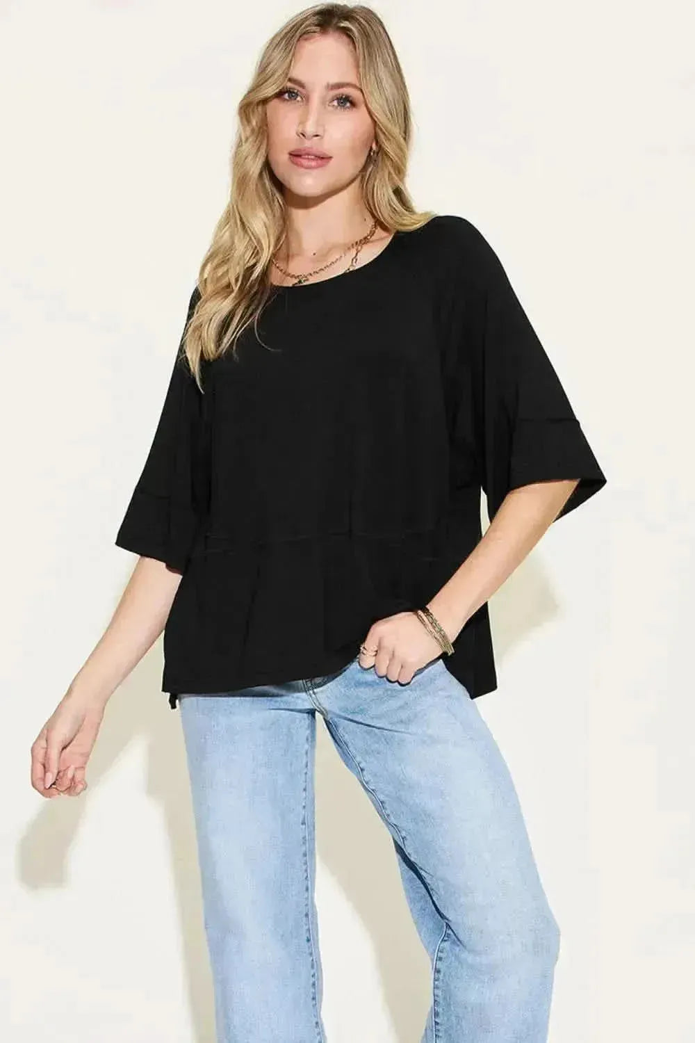 Basic Bae Full Size Bamboo Round Neck Exposed Seam T-Shirt - Bad Moms Club