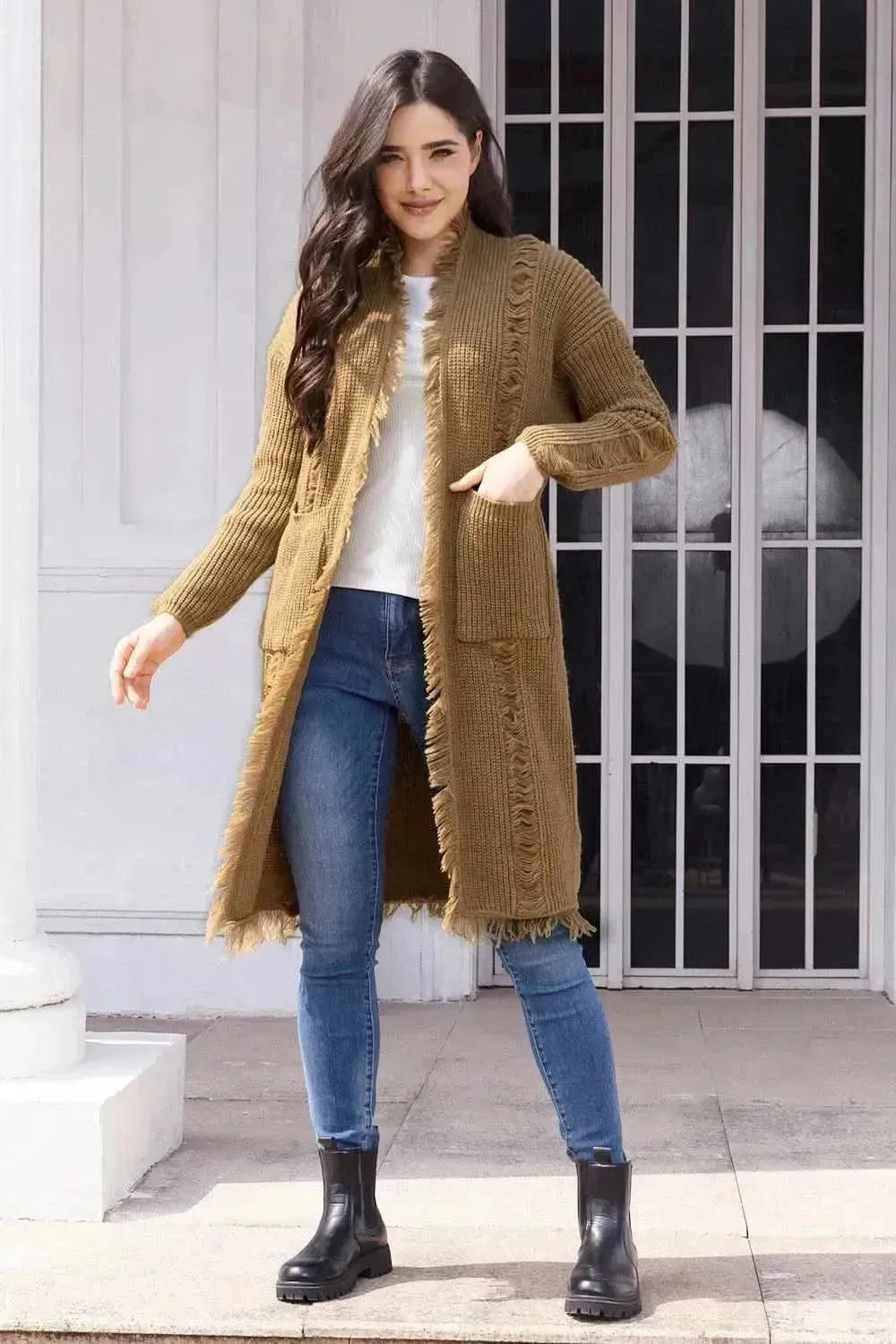 Fringe Trim Open Front Cardigan with Pockets - Bad Moms Club