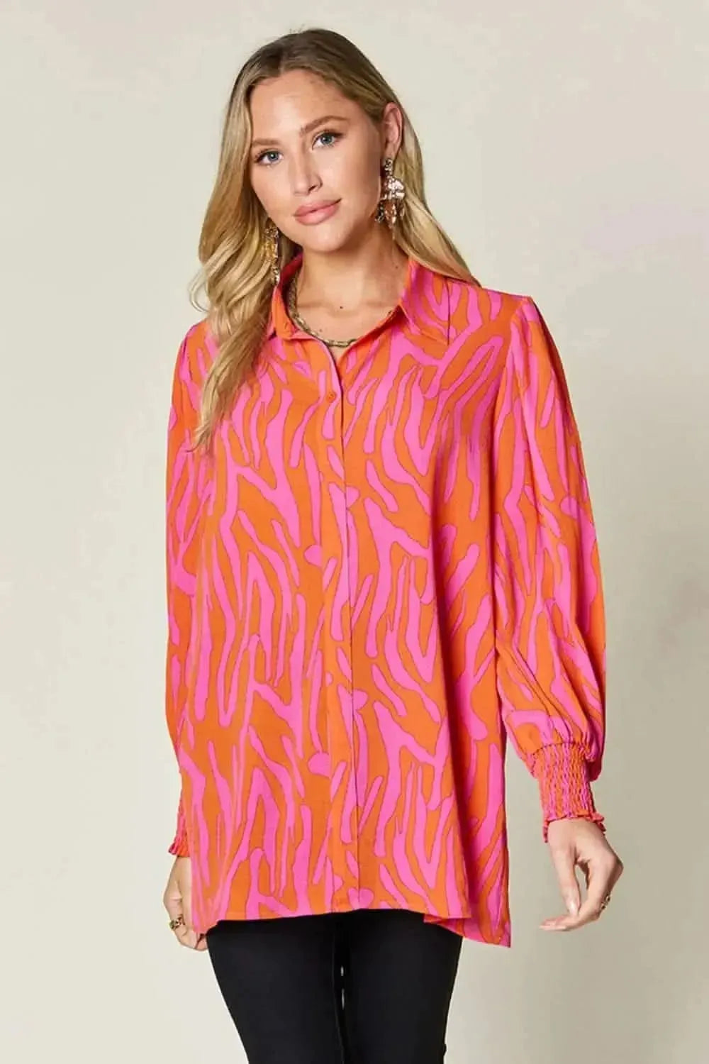 Double Take Full Size Printed Smocked Long Sleeve Blouse - Bad Moms Club