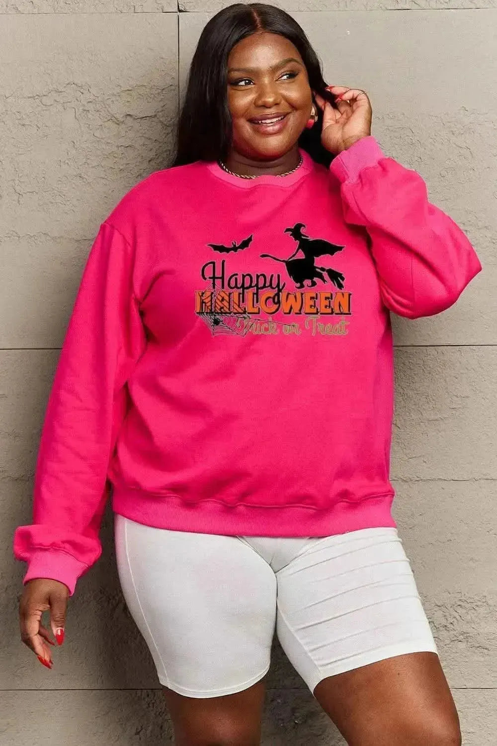 Simply Love Full Size HAPPY HALLOWEEN TRICK OR TREAT Graphic Sweatshirt - Bad Moms Club