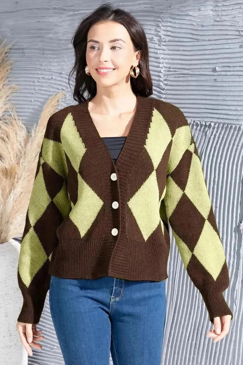 Geometric Button Up Dropped Shoulder Cardigan - Bad Moms Club