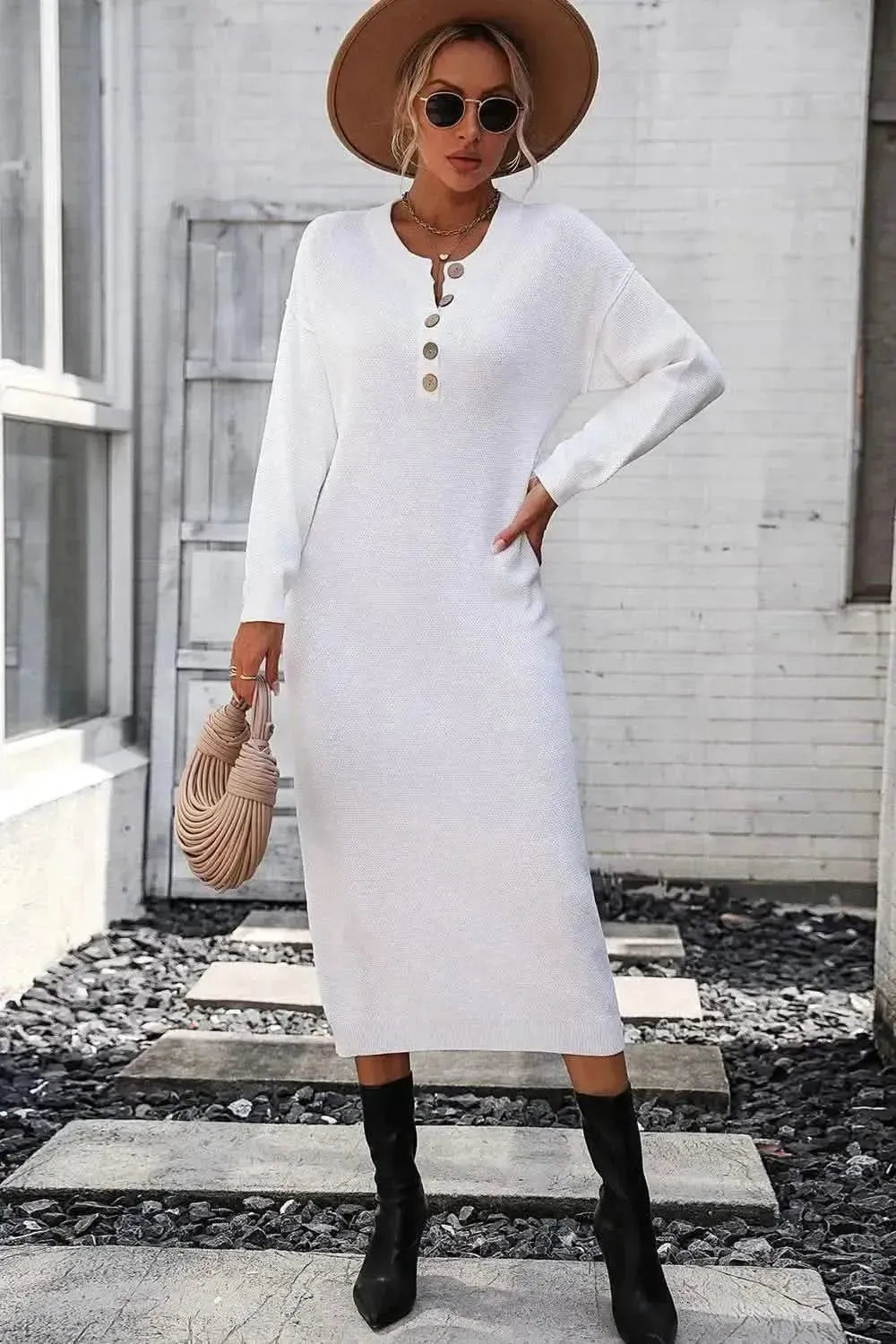 Decorative Button Notched Dropped Shoulder Sweater Dress - Bad Moms Club