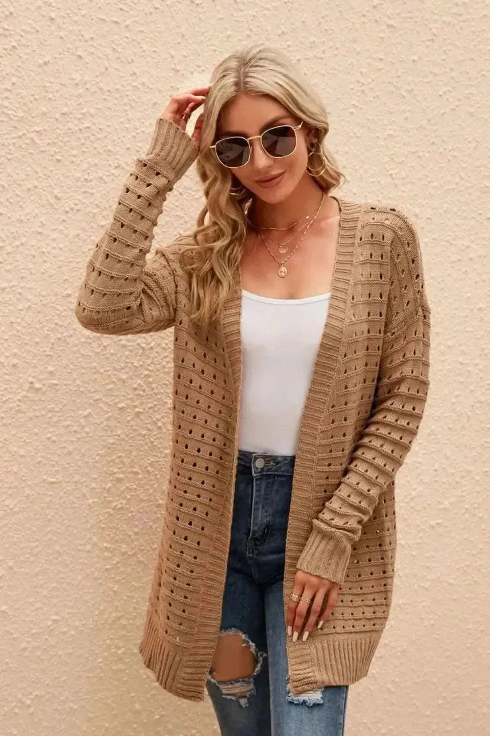 Openwork Horizontal Ribbing Open Front Cardigan - Bad Moms Club
