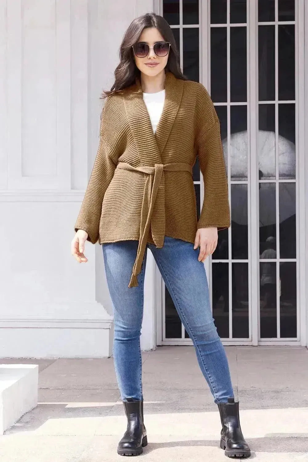 Tied Open Front Long Sleeve Cardigan - Bad Moms Club