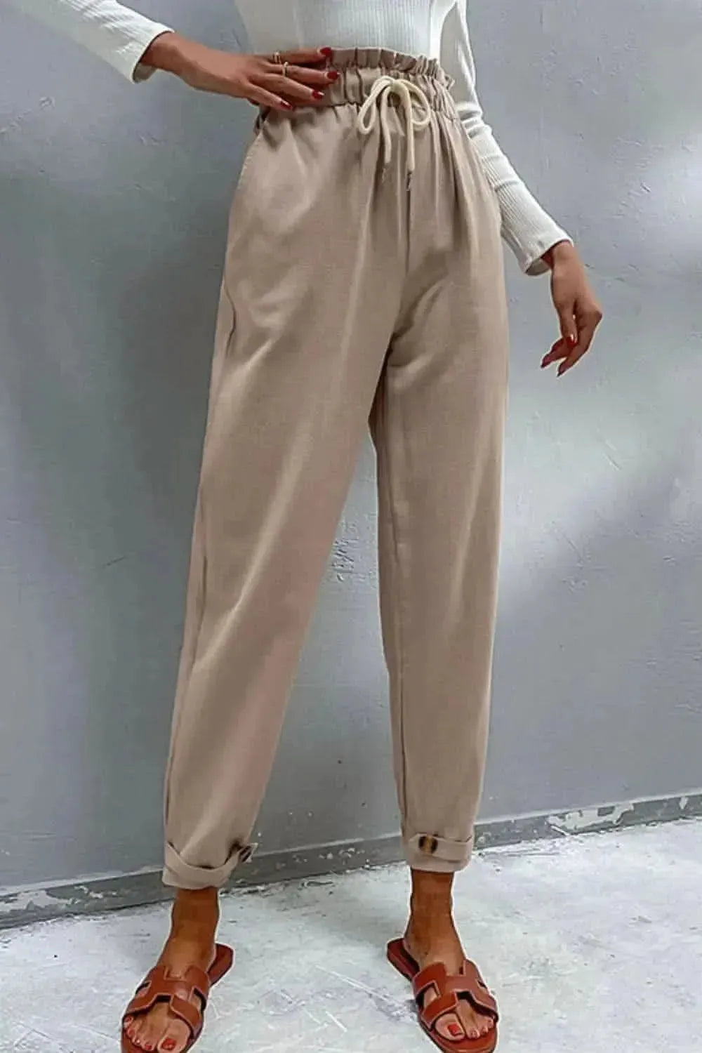 Perfee Drawstring Paperbag Waist Button Detail Pants - Bad Moms Club