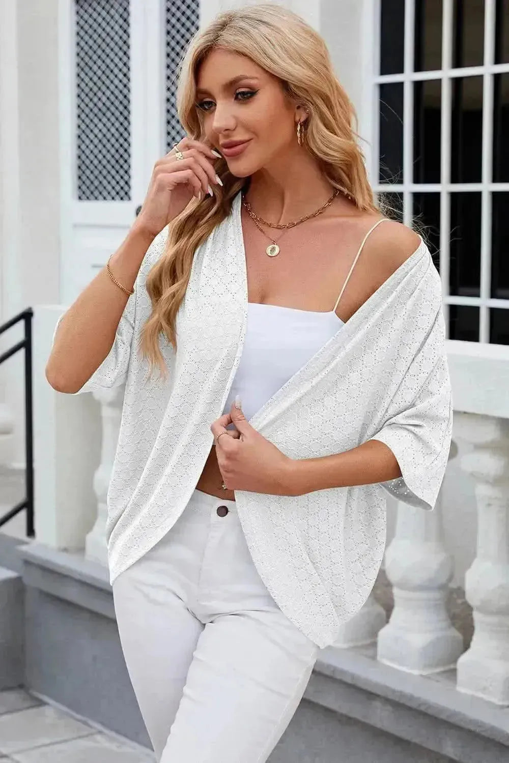 Eyelet Open Front Half Sleeve Cardigan - Bad Moms Club