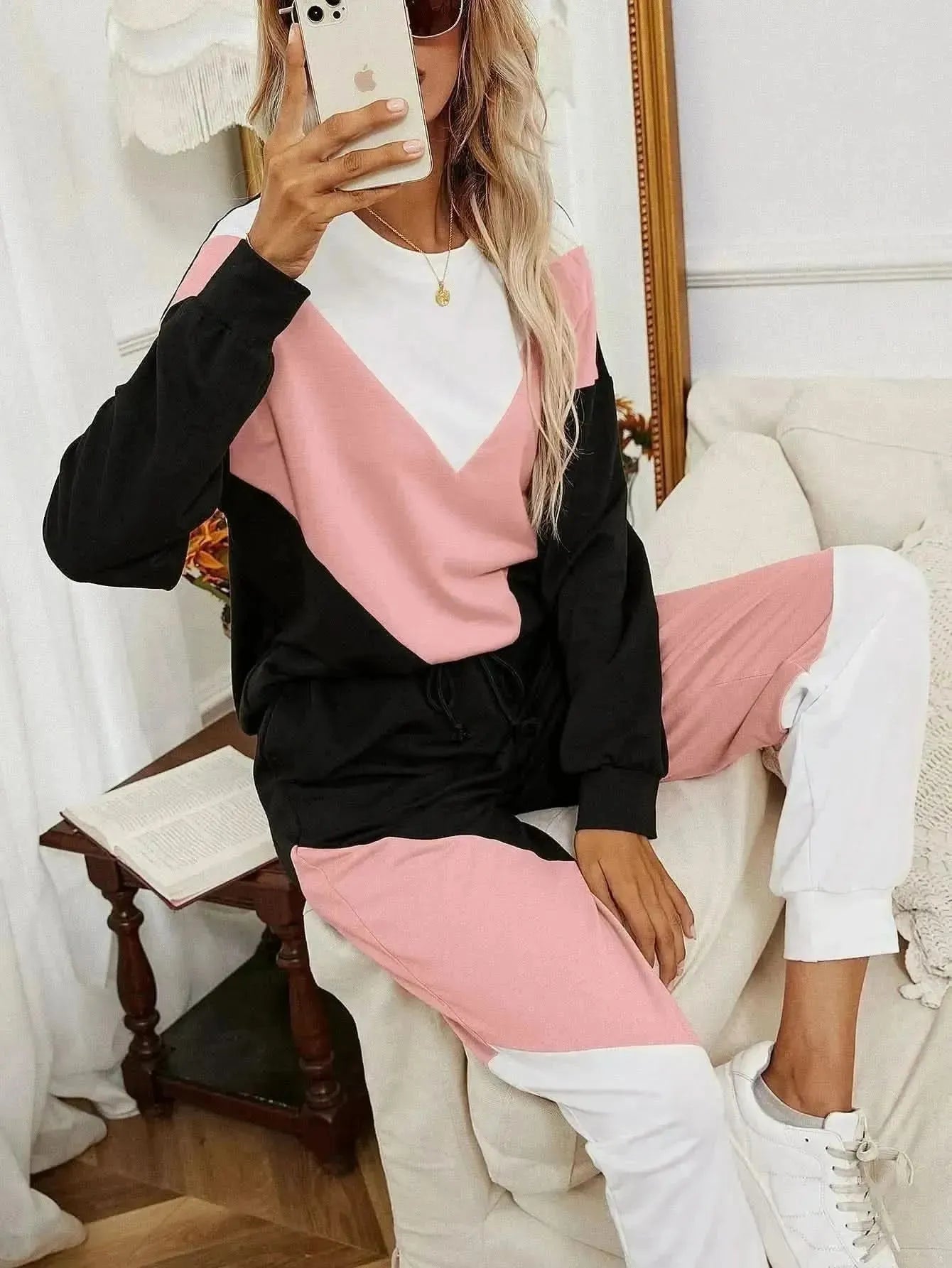 Ivy Lane Chevron Color Block Sweatshirt and Joggers Set - Bad Moms Club