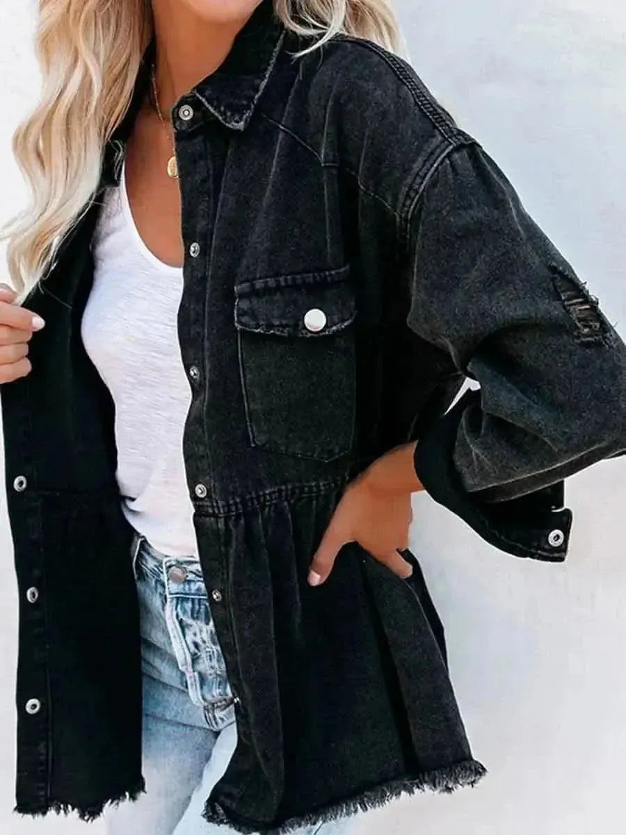 Raw Hem Distressed Denim Shacket - Bad Moms Club