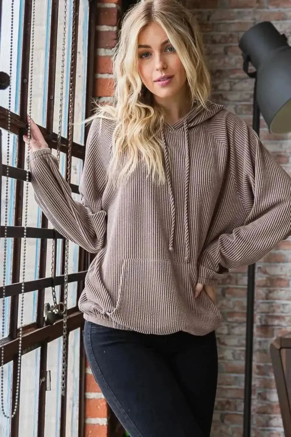 Heimish Full Size Ribbed Drawstring Kangaroo Pocket Hoodie - Bad Moms Club